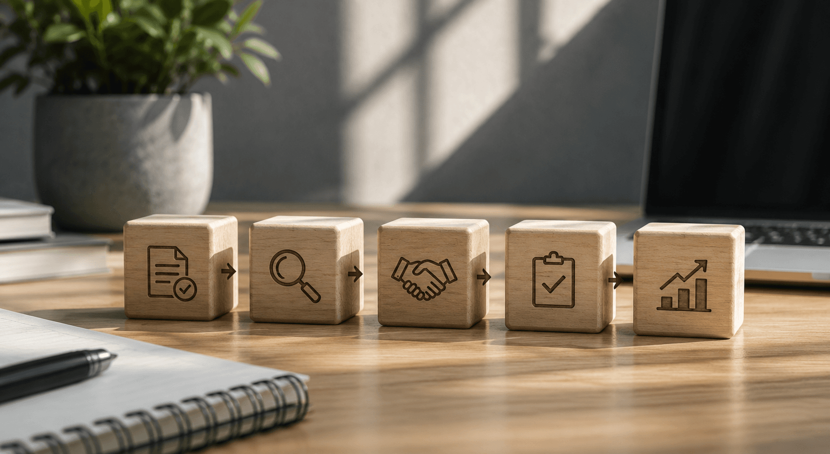 Funding process blocks arranged on a desk