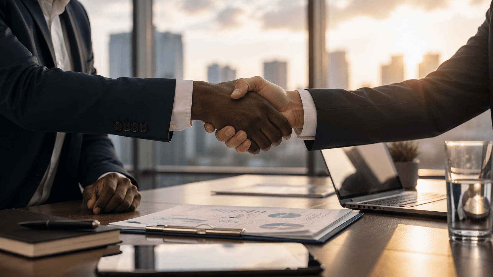 Business partners shaking hands in a professional meeting