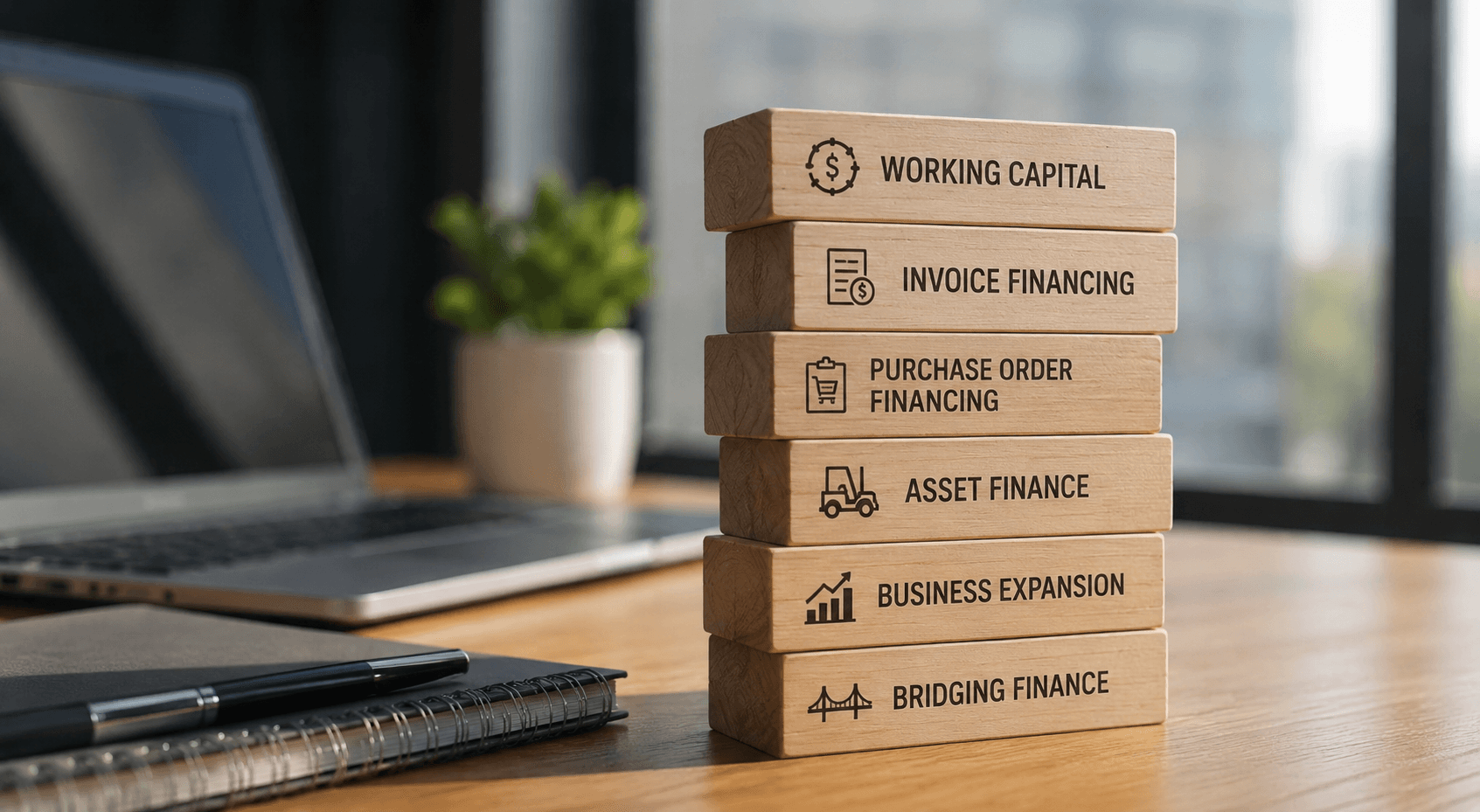 Stacked wooden blocks showing business funding types