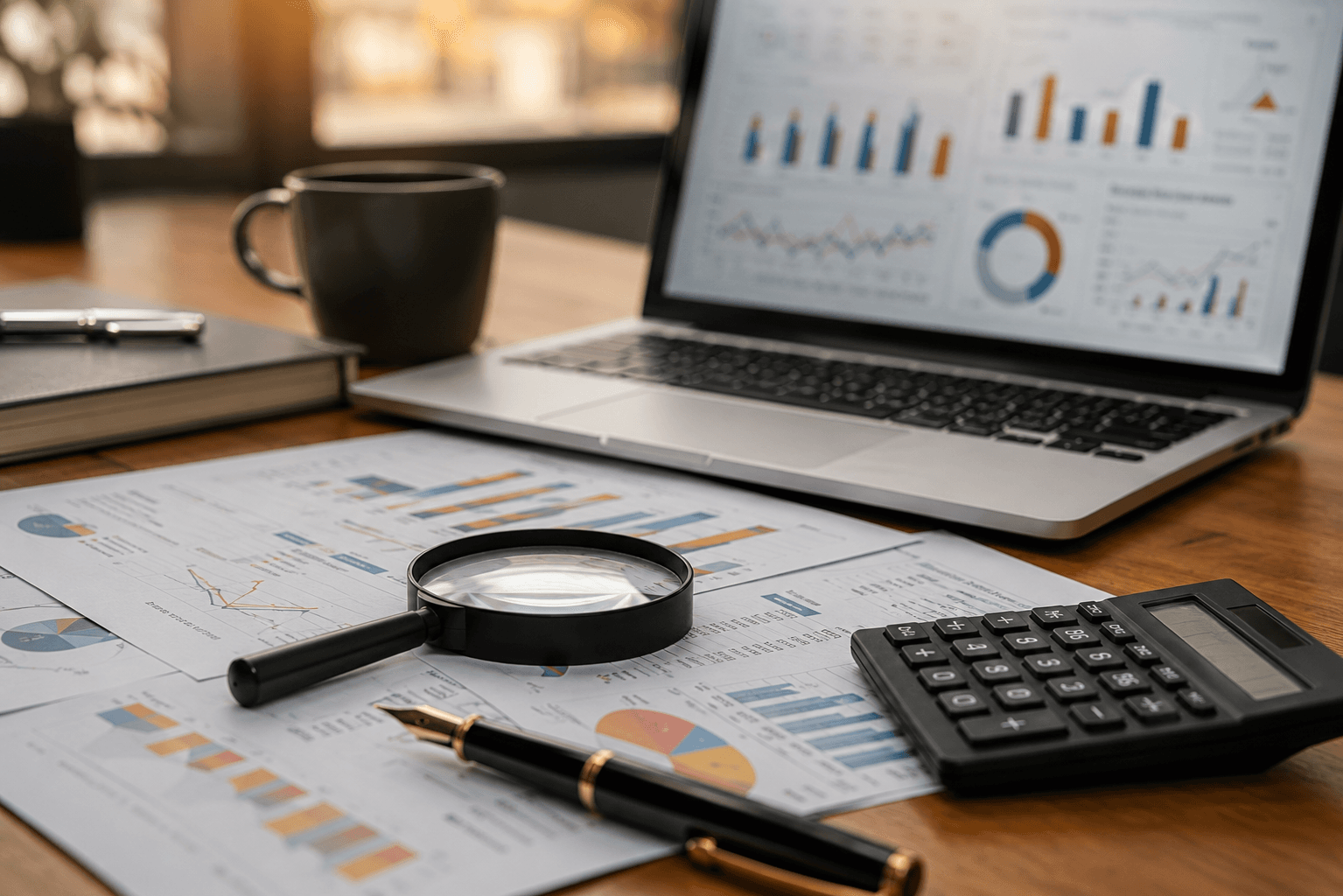 Business reports, analytics dashboard, calculator and magnifying glass